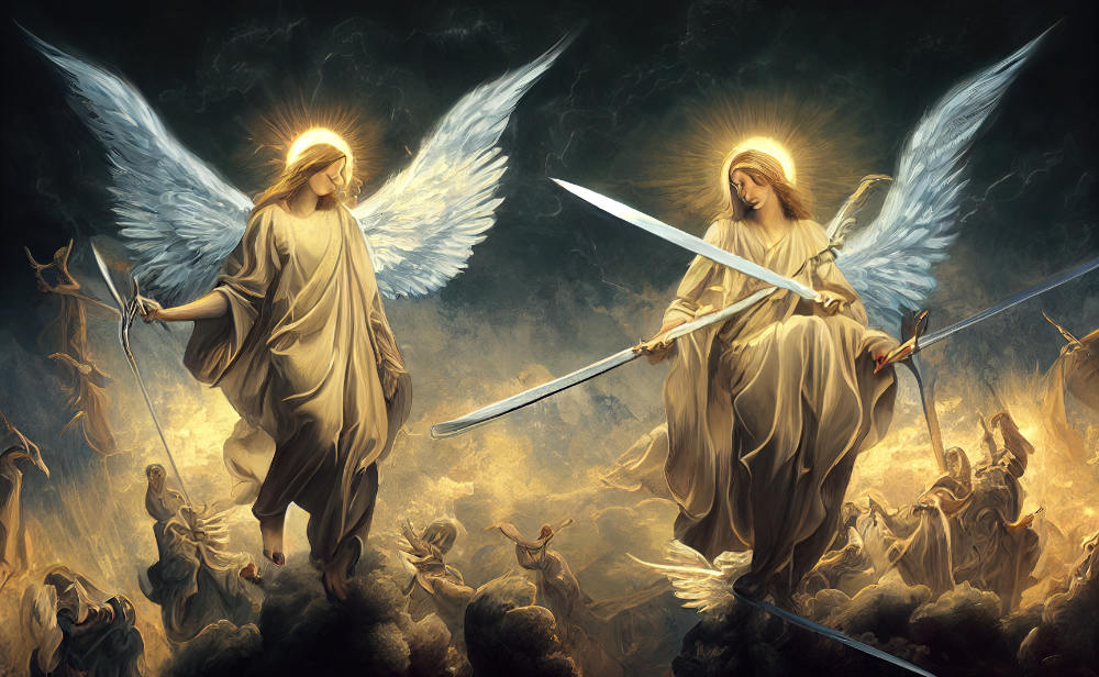 an illustration of angels with swords